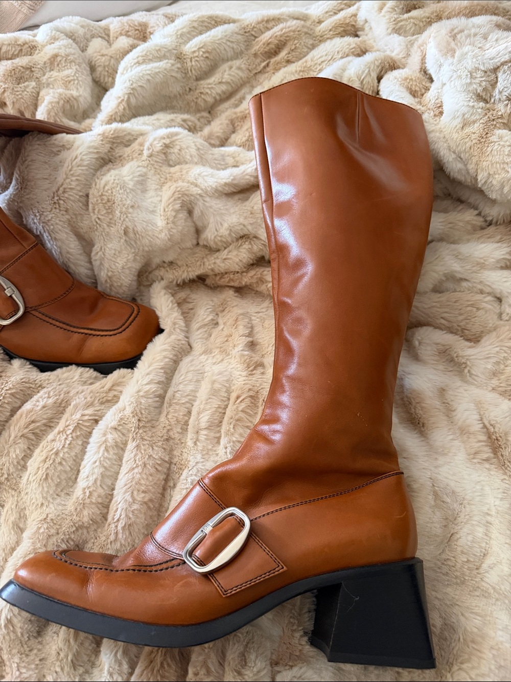 Sergio Rossi Cognac Brown Leather Knee-High Heeled Boots